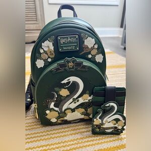 Loungefly Green and Black Slytherin Tattoo Snake Backpack with Wallet